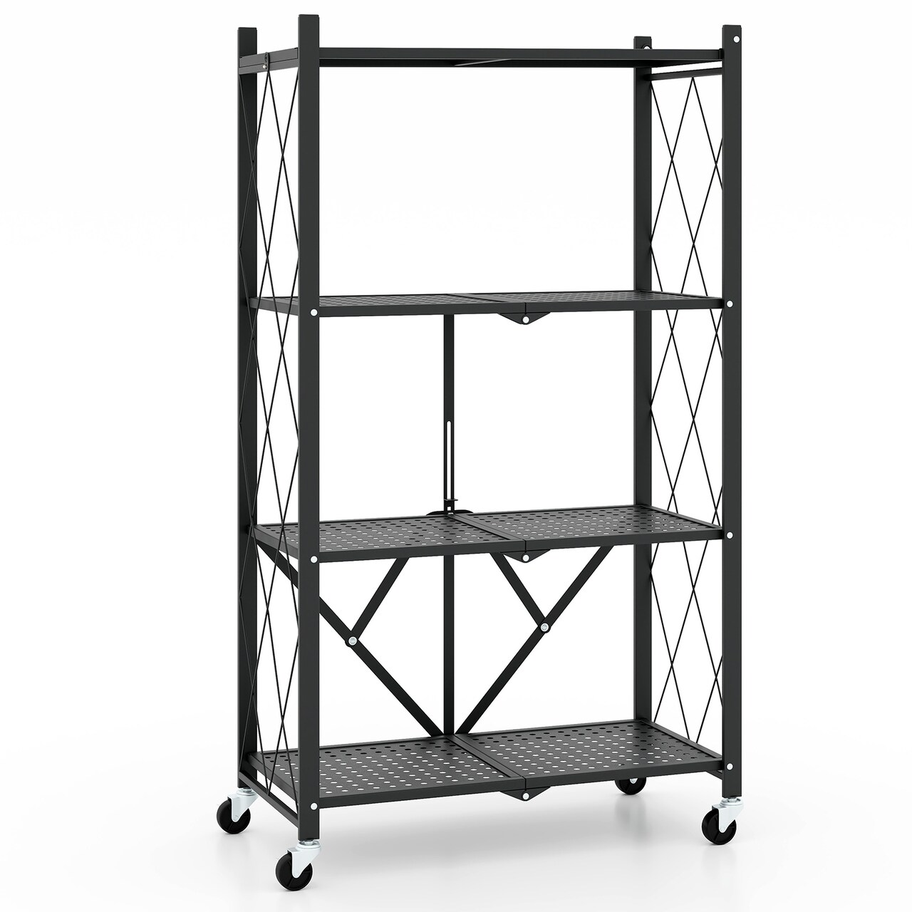 4-Tier Black Fold-able Storage Shelf Collapsible Storage Rack with Lockable Wheels